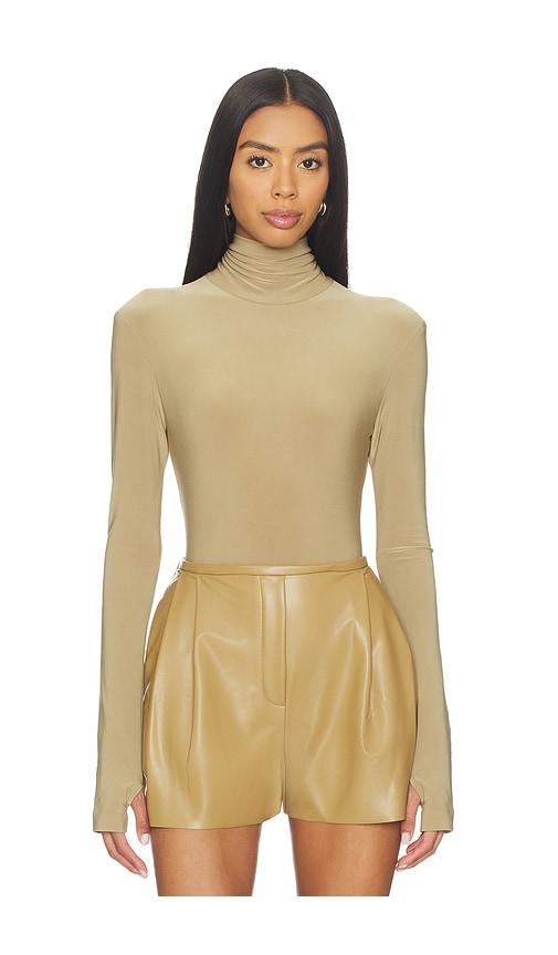 norma kamali long sleeve turtle bodysuit in tan.