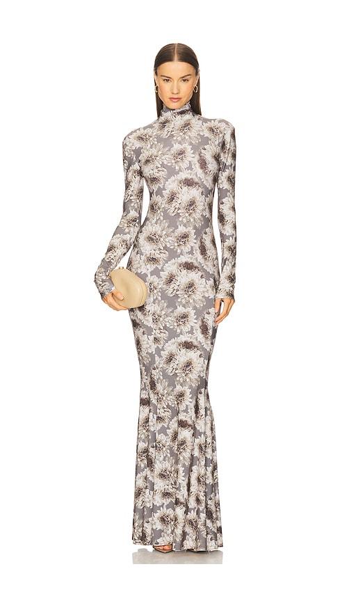 norma kamali long sleeve turtleneck fishtail gown in grey.