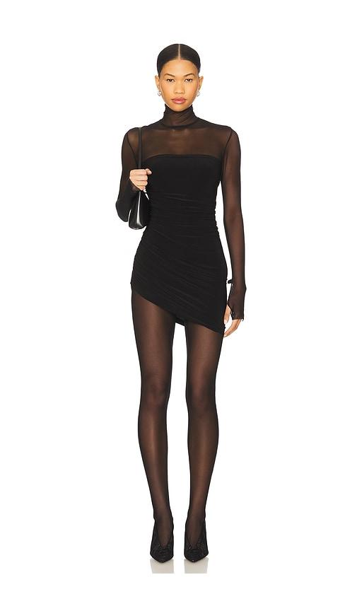 norma kamali long sleeve turtleneck strapless diana pickleball dress in black.
