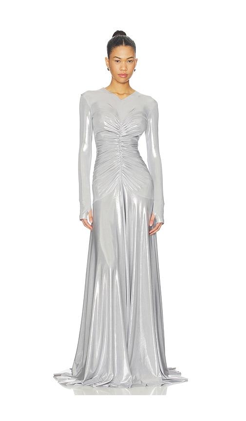norma kamali long sleeve v neck shirred front flared gown in metallic silver, grey.