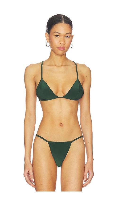 norma kamali no tie triangle bikini top in green.