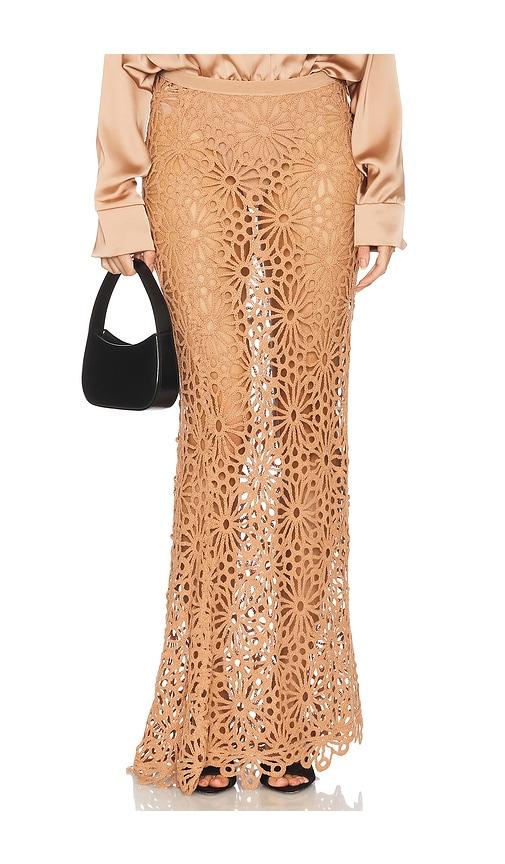 norma kamali obie long skirt in brown.