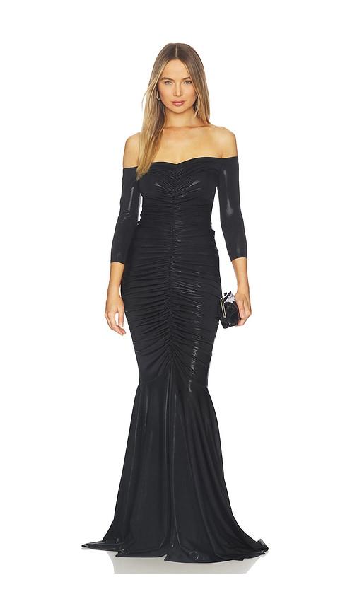 norma kamali off shoulder shirred front fishtail gown in black.