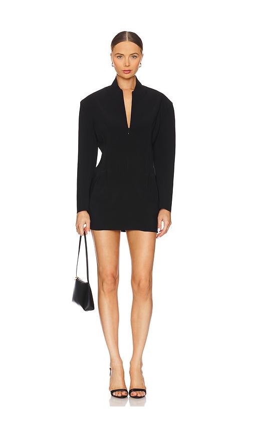 norma kamali oversized long sleeve shoulder pad front zip mini dress in black.