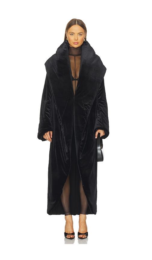 norma kamali oversized shawl collar maxi coat in black.