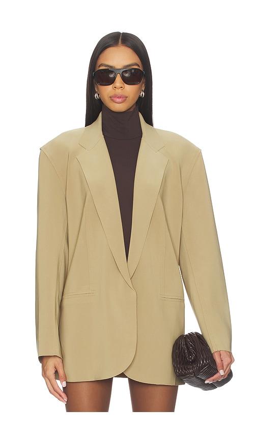 norma kamali oversized single breasted jacket in tan.