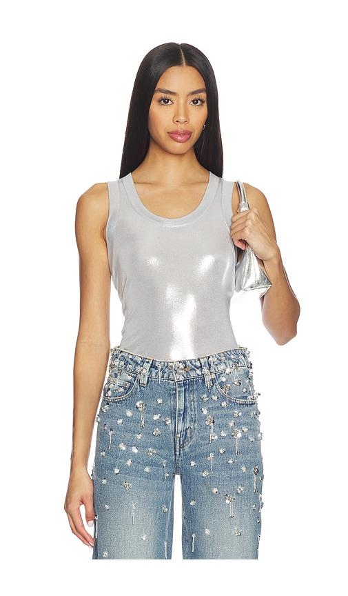 norma kamali racer tee in metallic silver, grey.