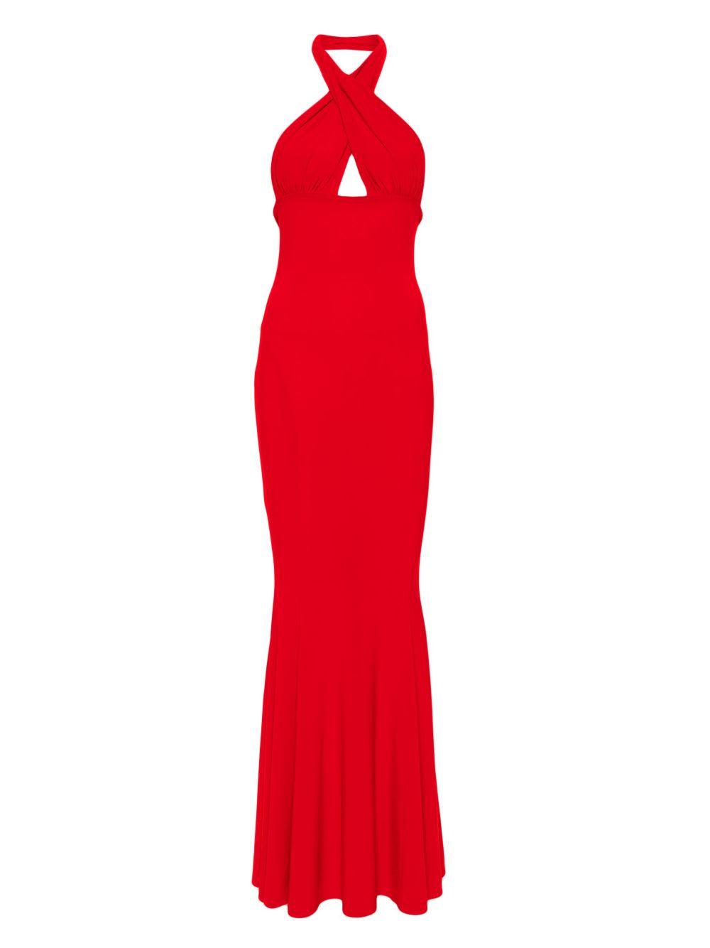 norma kamali red dress with cut-out details
