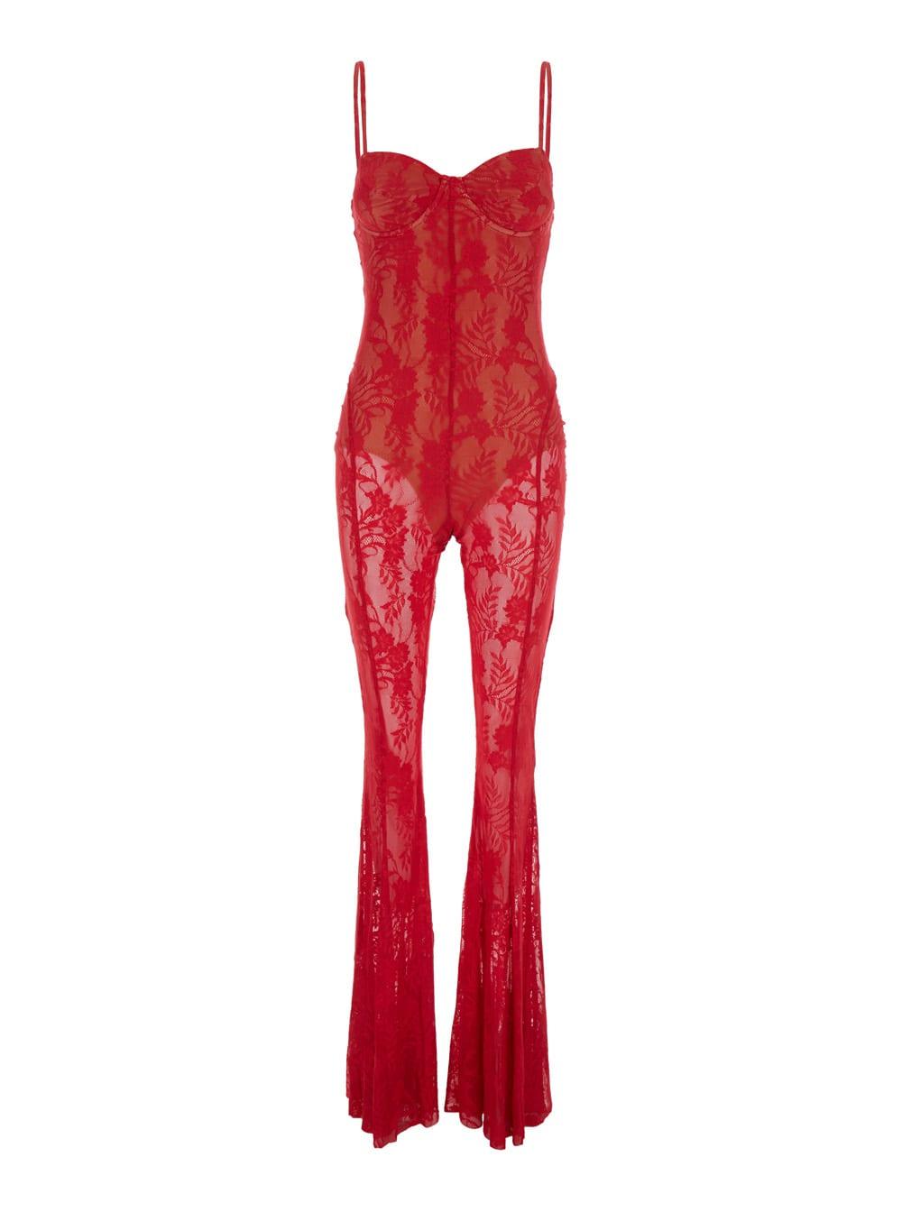 norma kamali red jumpsuit with sweatheart neckline and flared leg in tech fabric stretch woman