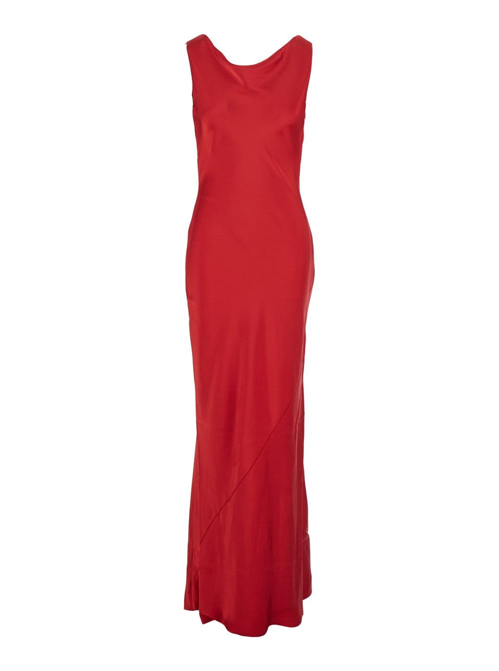 norma kamali red sleeveless dress with draped neckline and low rear in tech fabric woman