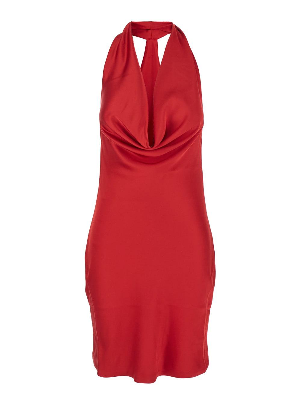 norma kamali red sleeveless mini dress with halterneck and draped bodice in tech fabric woman