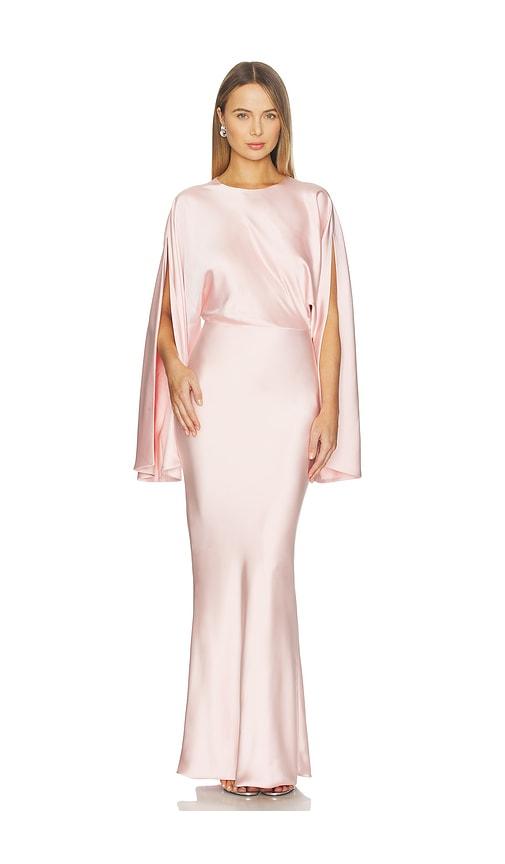 norma kamali reverse obie gown with long sleeve in pink.