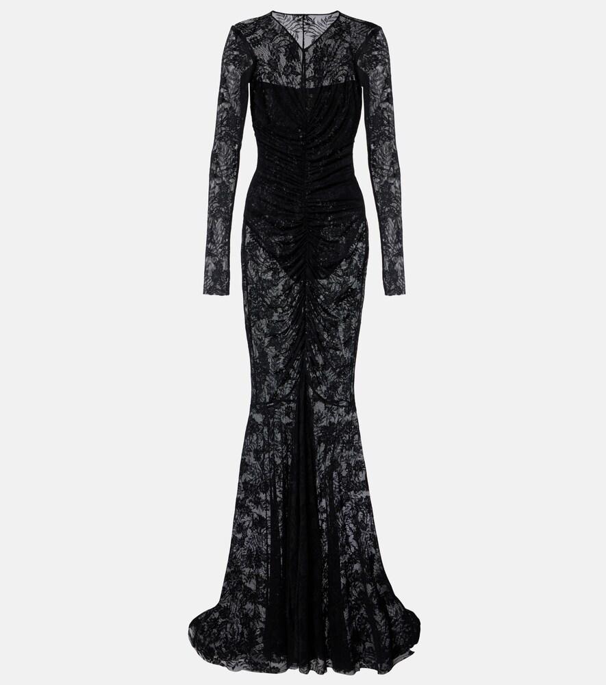 norma kamali ruched lace gown