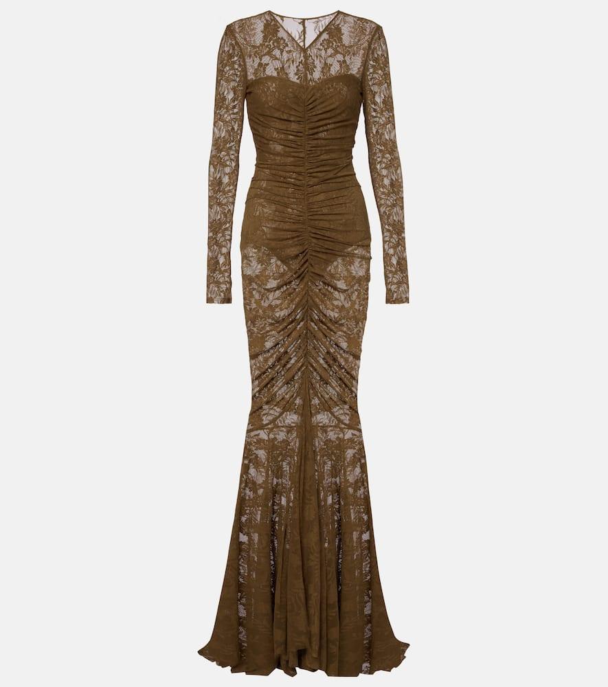 norma kamali ruched lace gown