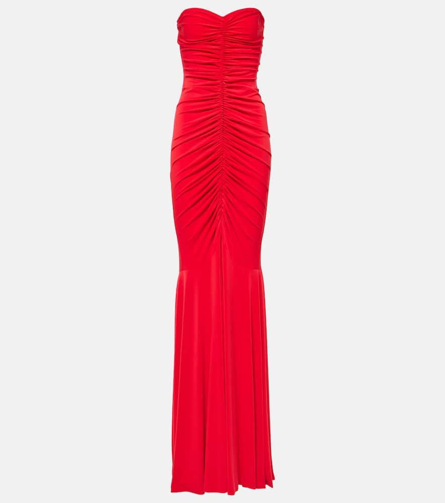 norma kamali ruched strapless gown