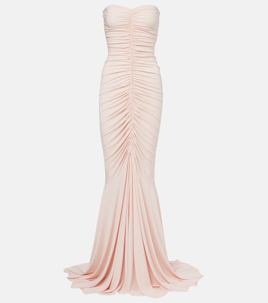 norma kamali ruched strapless gown