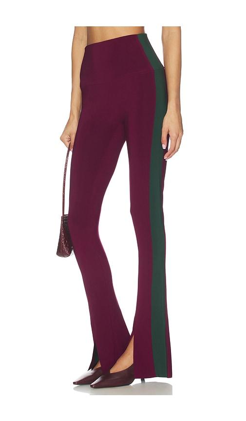 norma kamali side stripe spat legging in red, purple.