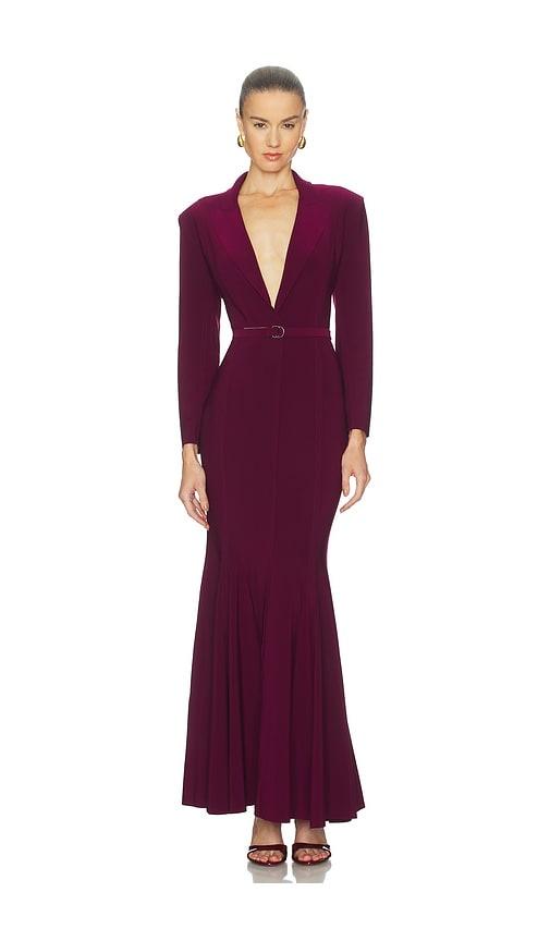 norma kamali single breasted fishtail gown in purple.