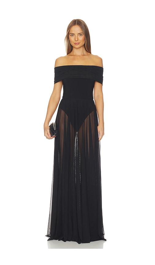 norma kamali sleeveless cowl neck combo flared gown in black.