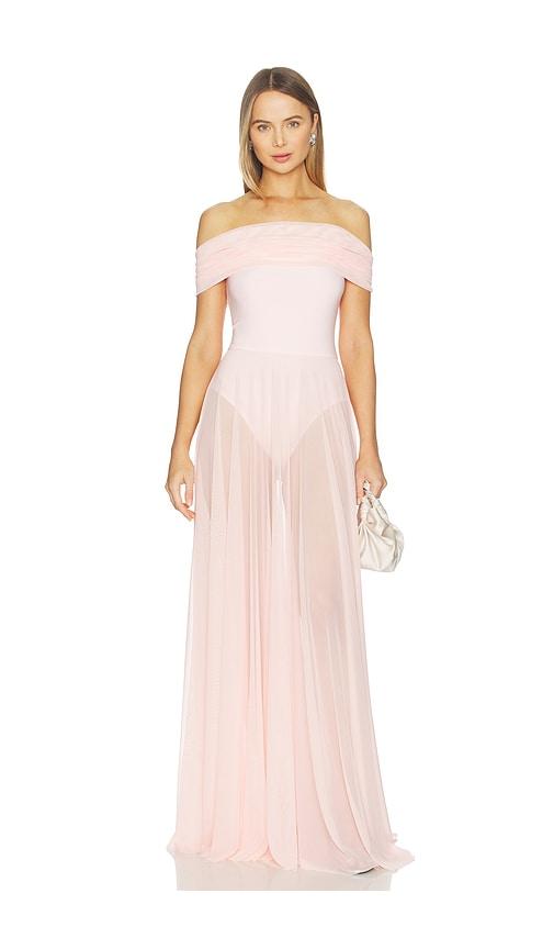 norma kamali sleeveless cowl neck combo flared gown in pink.