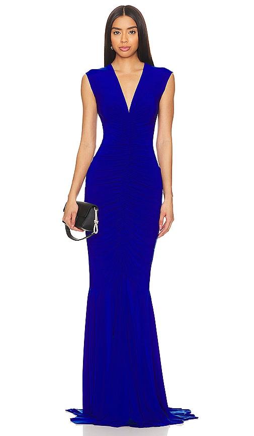 norma kamali sleeveless deep v neck shirred front fishtail gown in royal.