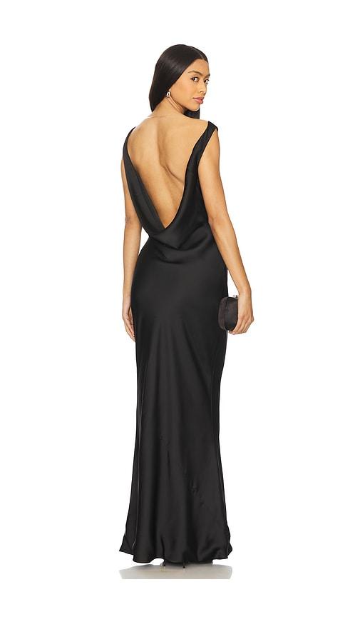 norma kamali sleeveless low back drape gown in black.