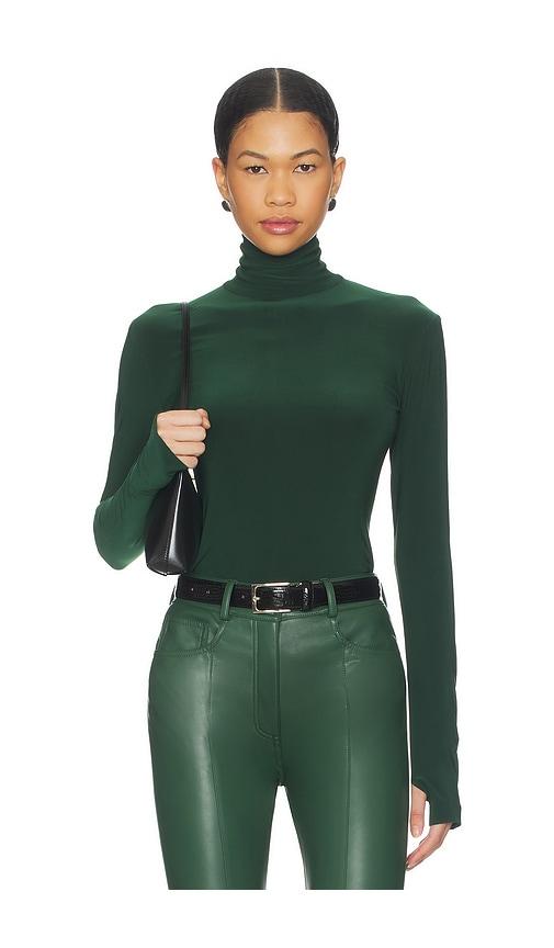 norma kamali slim fit long sleeve turtle top in army.