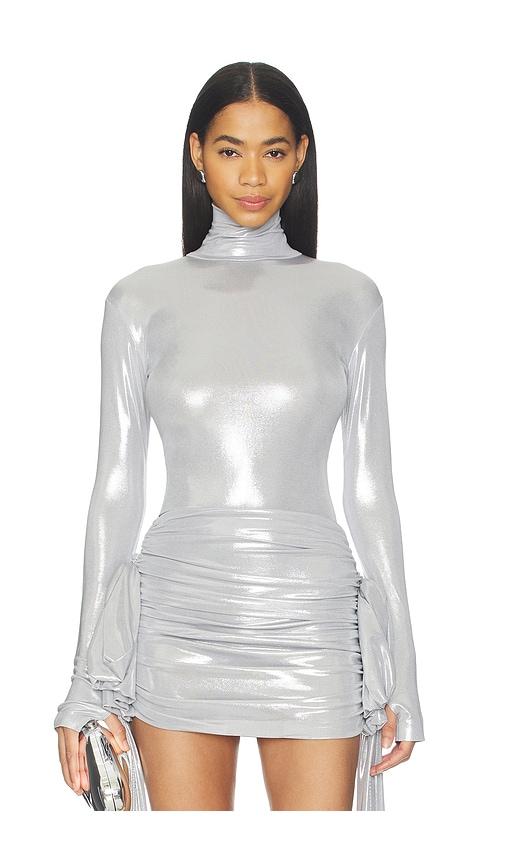 norma kamali slim fit long sleeve turtle top in metallic silver.