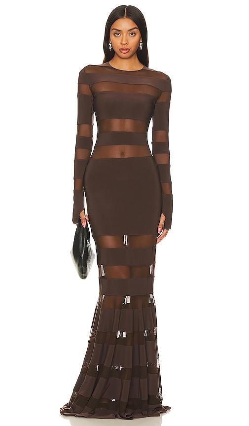 norma kamali spliced dress fishtail gown in chocolate.