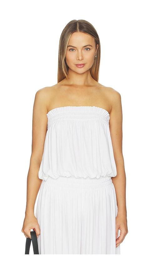 norma kamali strapless peasant bodysuit in white.