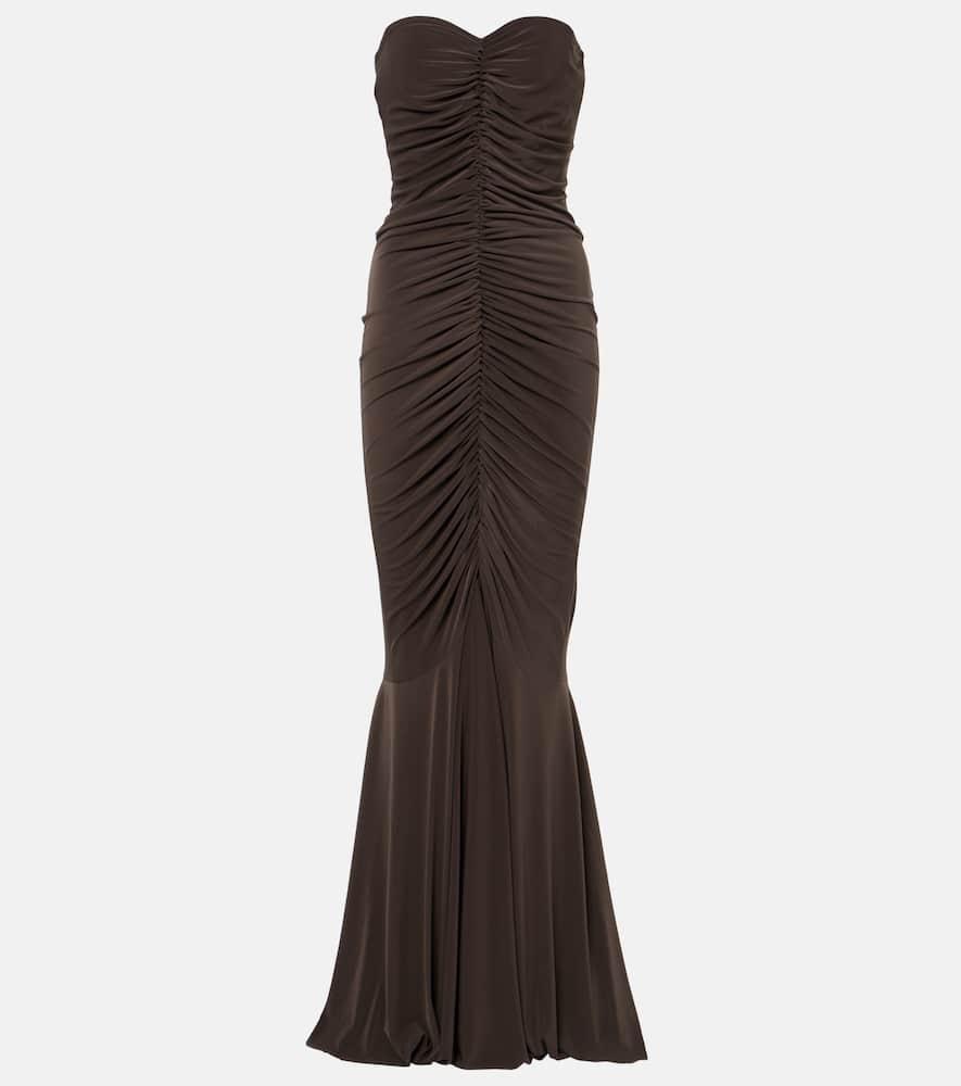 norma kamali strapless ruched jersey gown