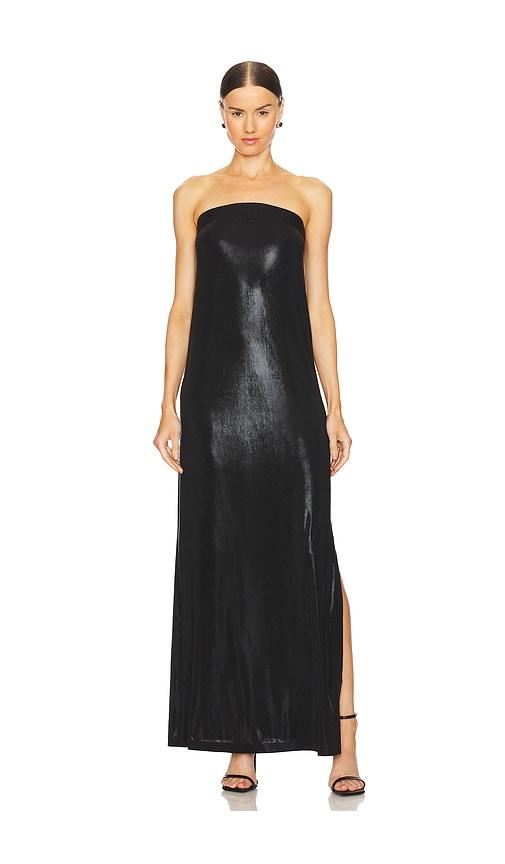 norma kamali strapless tailored side slit gown in black.