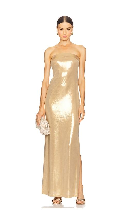 norma kamali strapless tailored side slit gown in metallic gold.