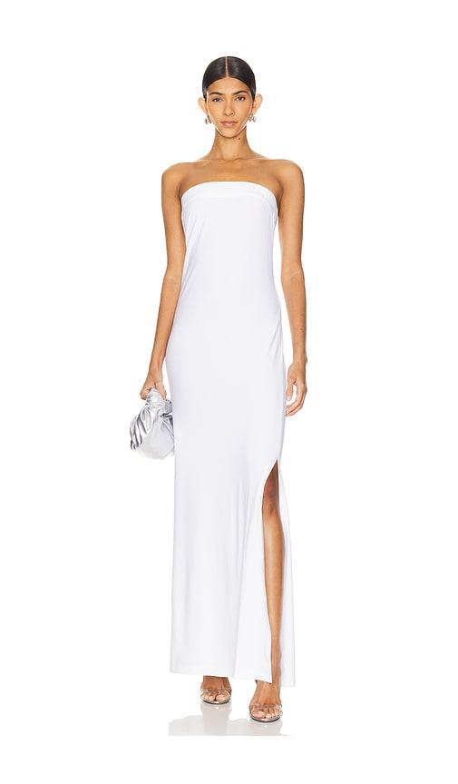 norma kamali strapless tailored side slit gown in white.