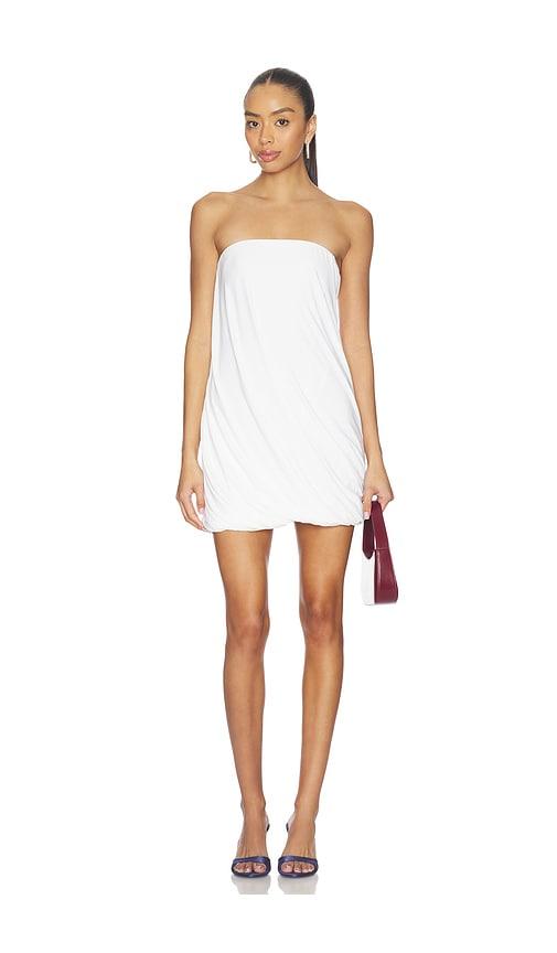 norma kamali strapless twist mini dress in white.