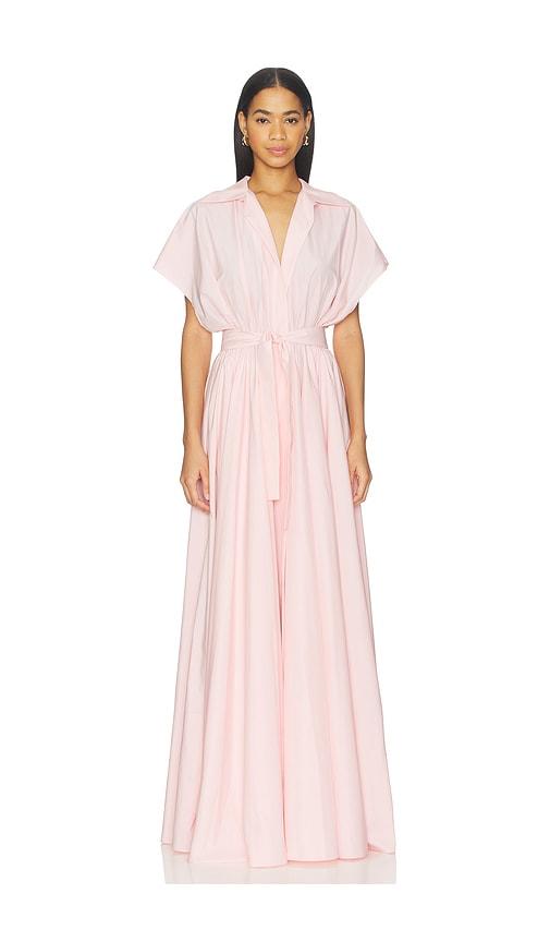 norma kamali super oversized nk shirt flared gown in pink.