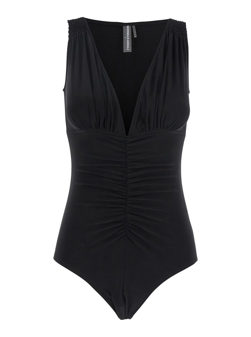 norma kamali tara black top with v-neck and ruffle details in tech fabric woman