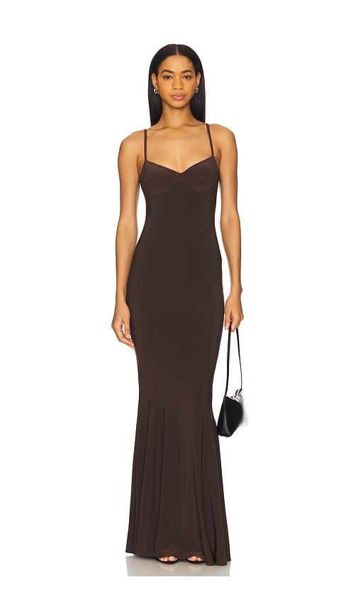 norma kamali underwire fishtail gown in chocolate.