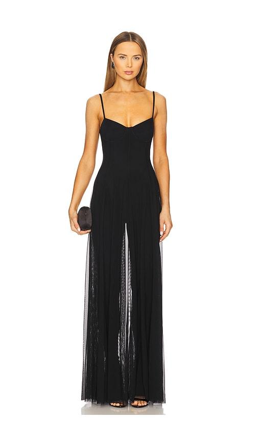 norma kamali underwire gown with catsuit in black.
