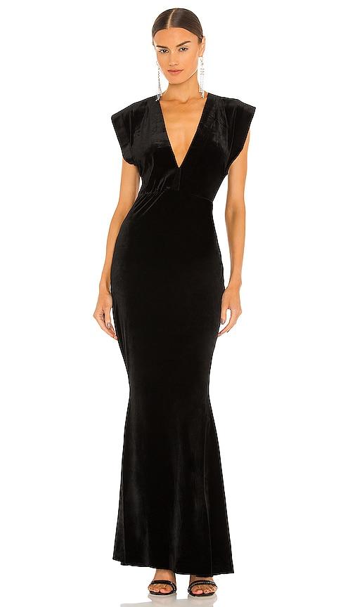 norma kamali v neck rectangle gown in black.