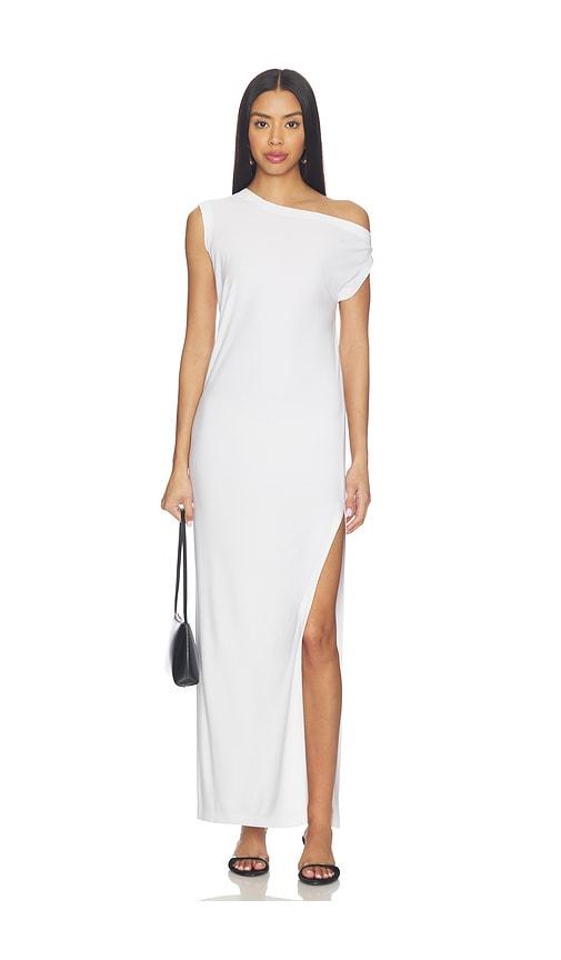 norma kamali x lifestyle drop shoulder long dress with side slit in white.