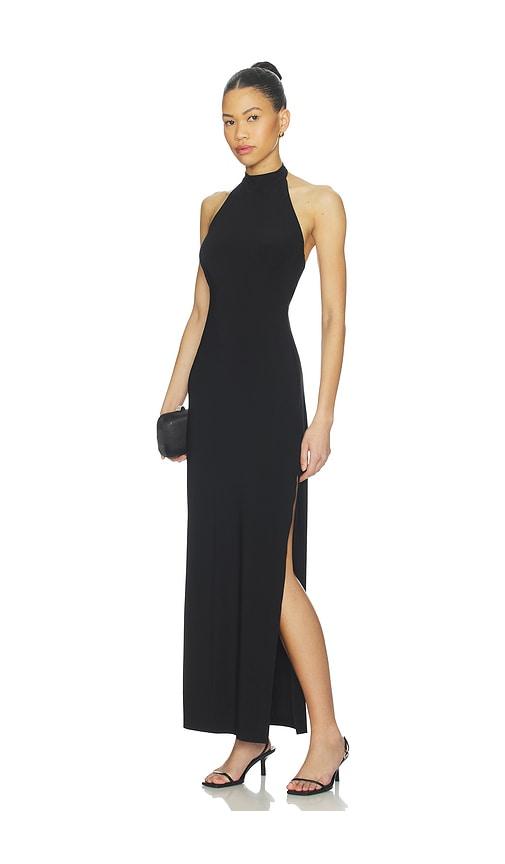 norma kamali x lifestyle halter long dress with side slit in black.