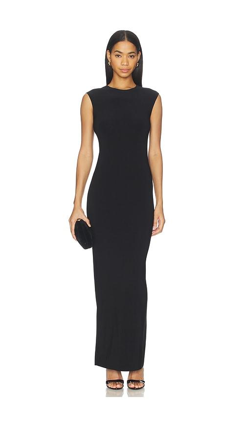 norma kamali x lifestyle sleeveless long dress in black.