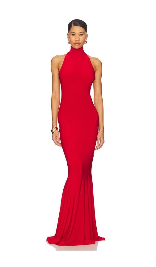 norma kamali x revolve halter turtle fishtail gown in red.
