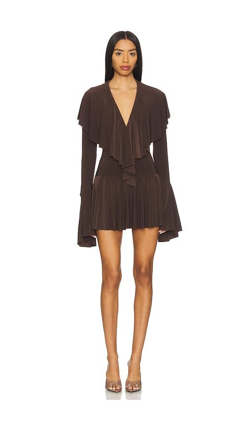norma kamali x revolve long sleeve deep v ruffle mini dress in chocolate.