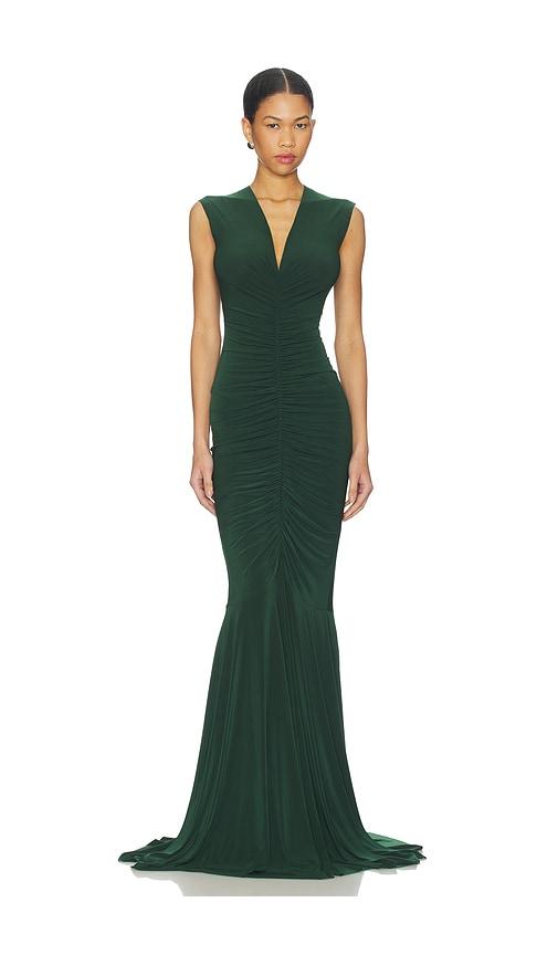 norma kamali x revolve sleeveless deep v neck shirred front fishtail gown in green.
