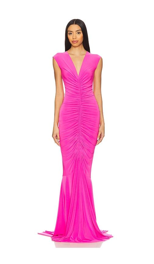 norma kamali x revolve sleeveless deep v neck shirred front fishtail gown in pink.