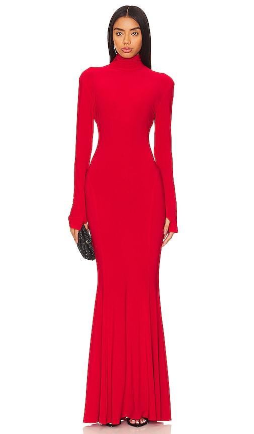 norma kamali x revolve turtle fishtail gown in red.