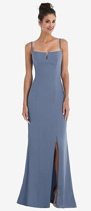 notch crepe trumpet gown with front slit