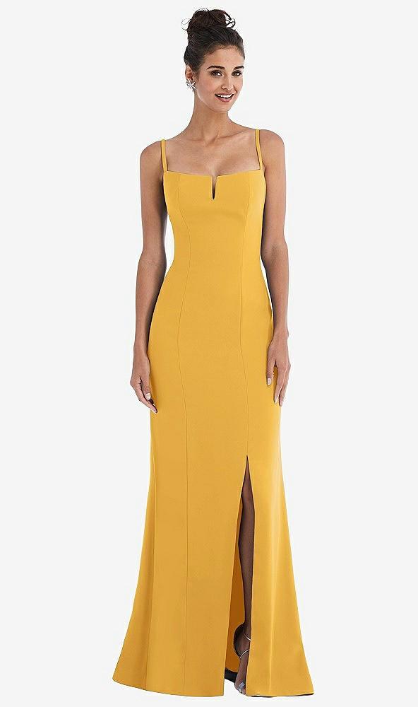 notch crepe trumpet gown with front slit